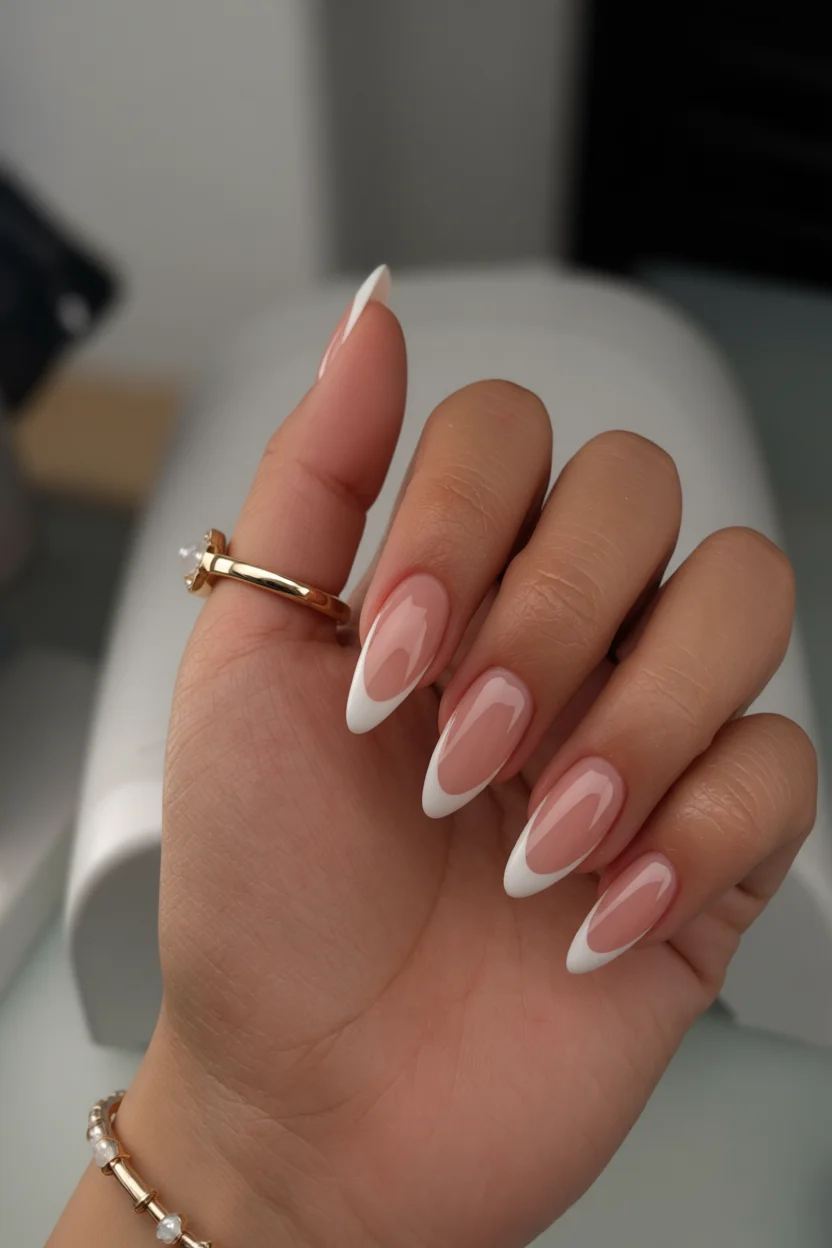Mano con uñas largas almendradas color rosa nude y puntas francesas blancas
