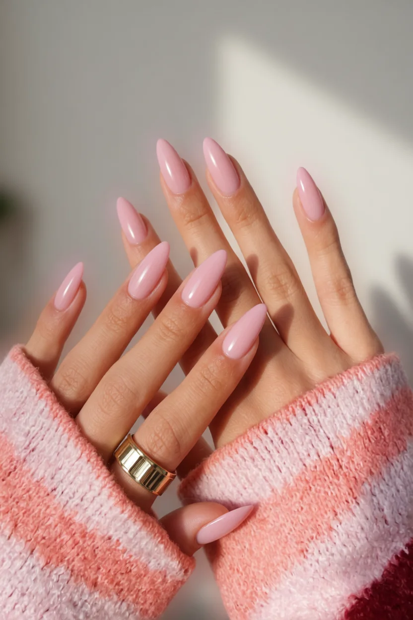 Mano con uñas alargadas en rosa pastel sólido con brillo natural