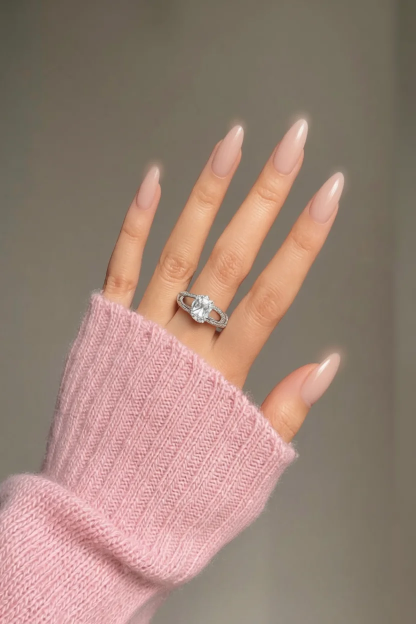 Mano con uñas rosas en punta almendra y anillo de compromiso