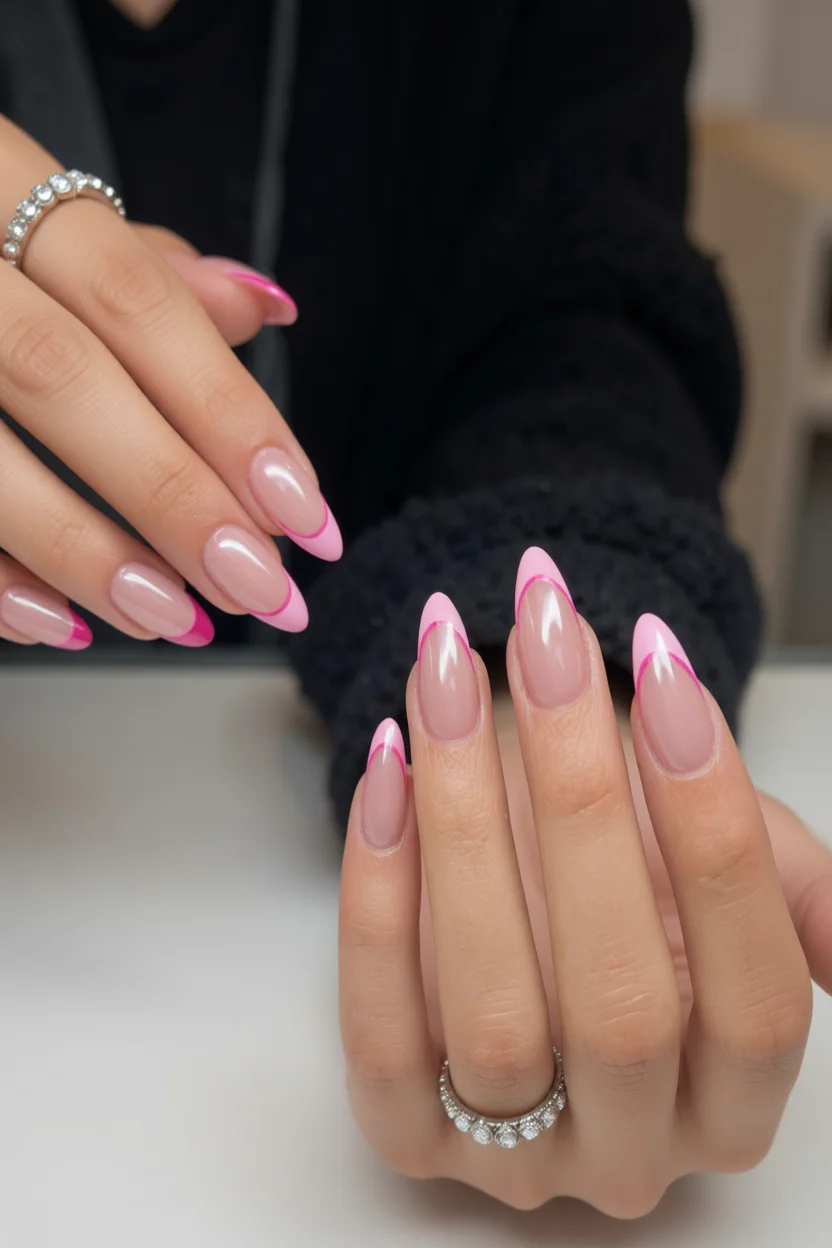 Manos con uñas françaises rosadas en forma almendrada y base nude translúcida