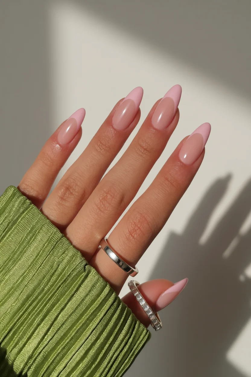 Mano con uñas largas almendradas en diseño francés rosa con degradado nude a rosa pastel