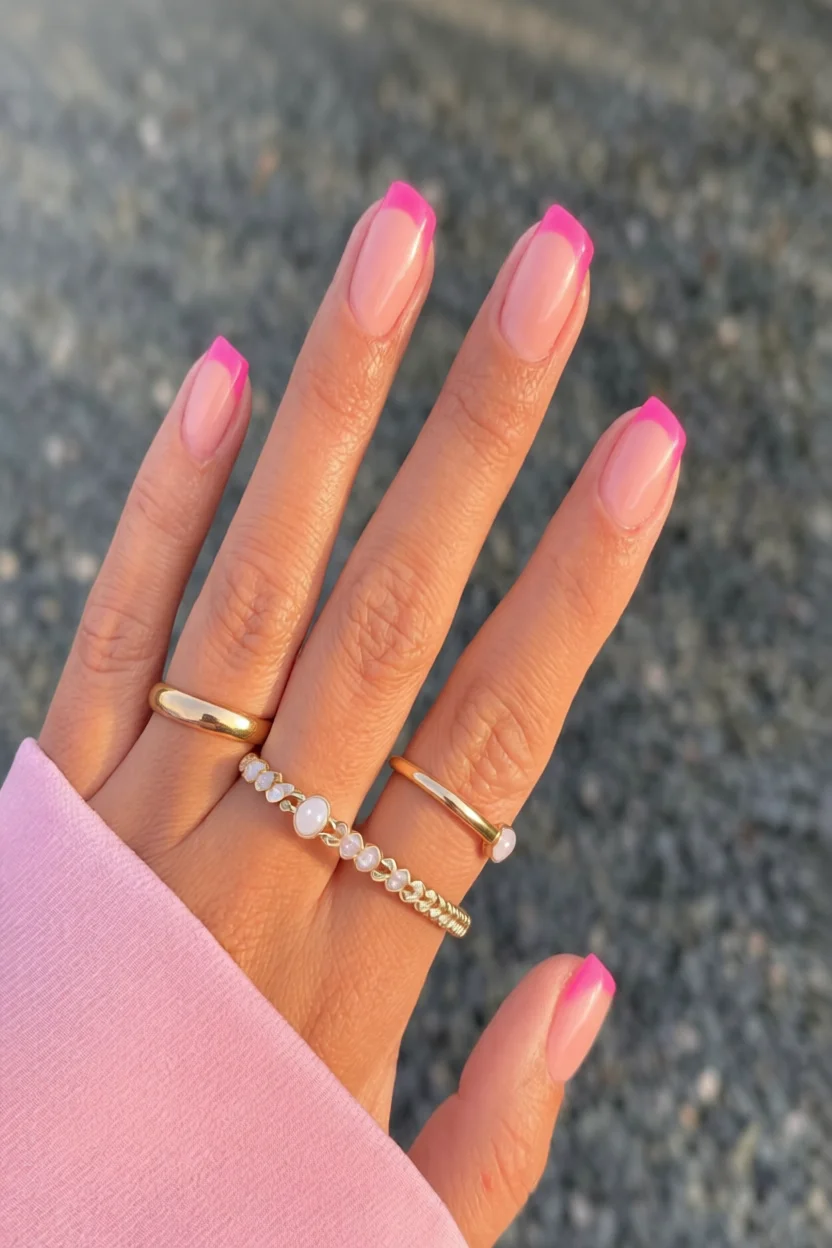 Mano con uñas francesas de punta rosa fucsia vibrante y base nude, anillos dorados con perlas