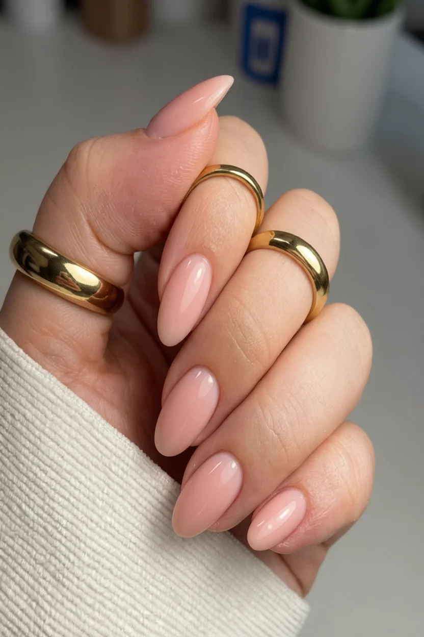 Mano con uñas rosadas en forma de almendra y brillo suave