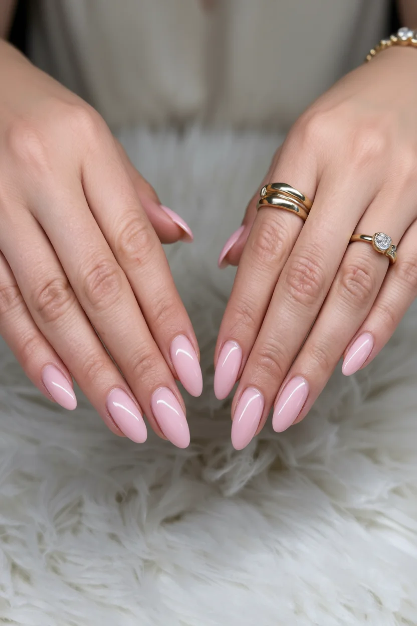 Manos con uñas rosadas claras largas y lustrosas