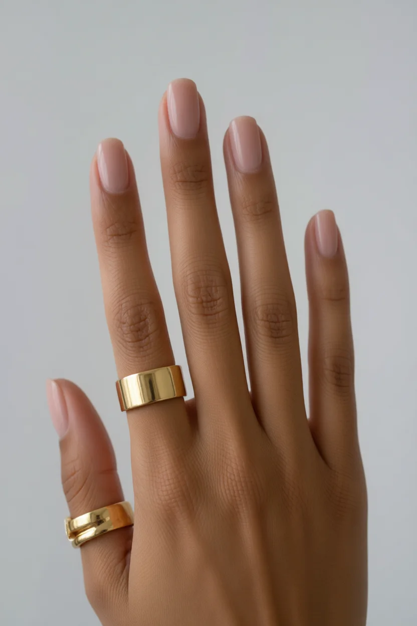 Mano con uñas en forma almendrada pintadas en tono rosado nude brillante y anillos dorados