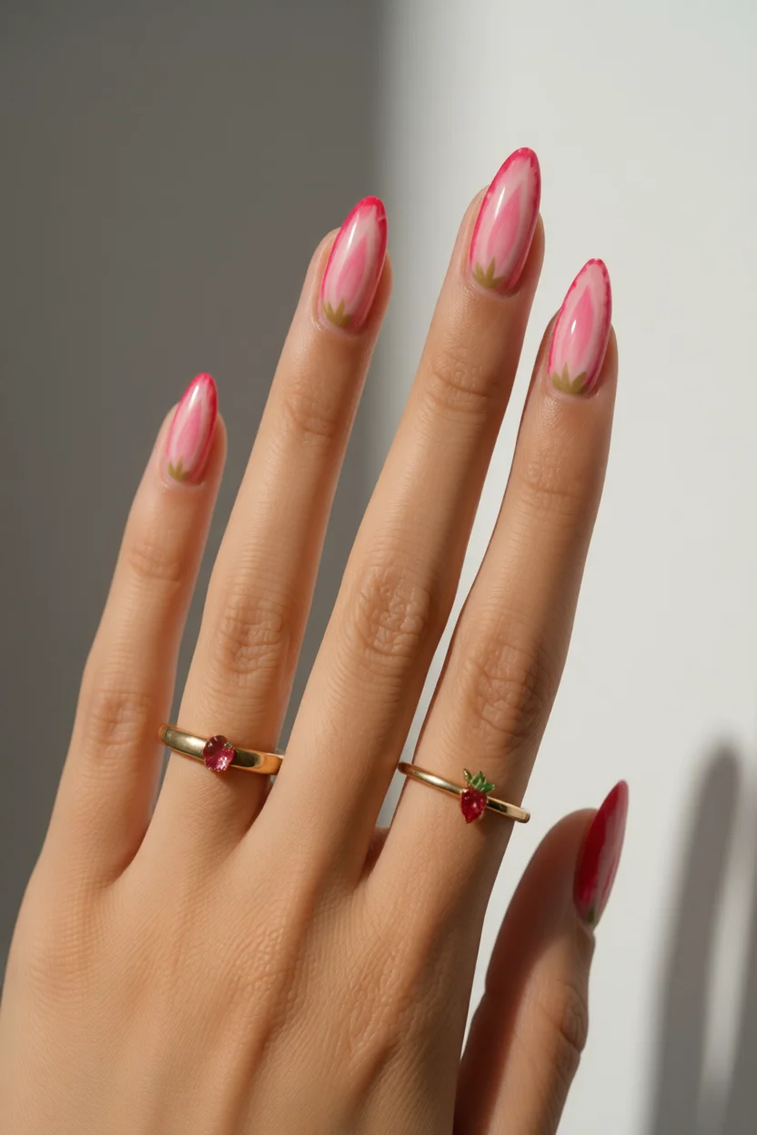 Uñas largas almendradas con francesa rosa degradada y detalle floral de pétalo