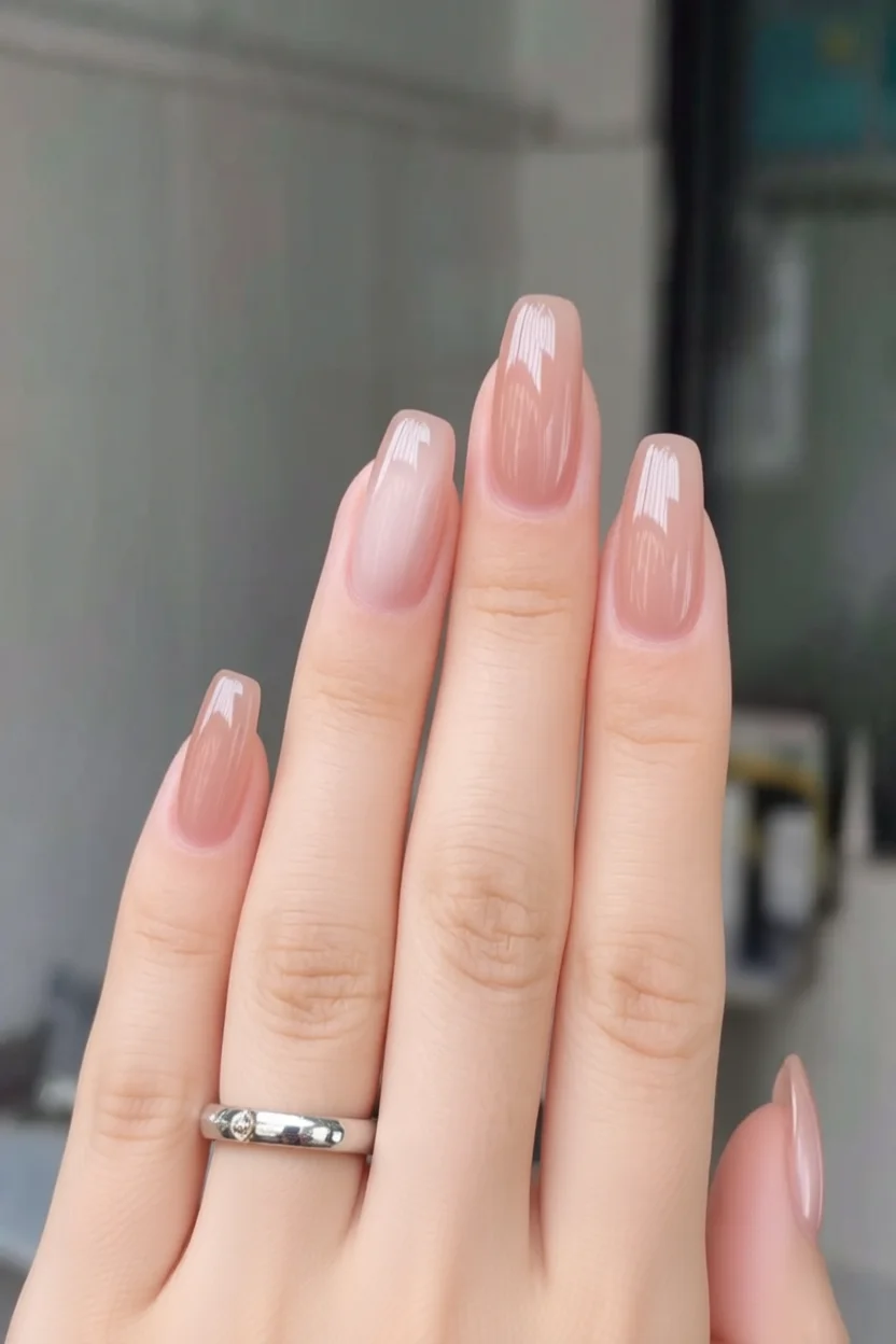 Uu00f1as nude largas con acabado brillante estilo glass skin