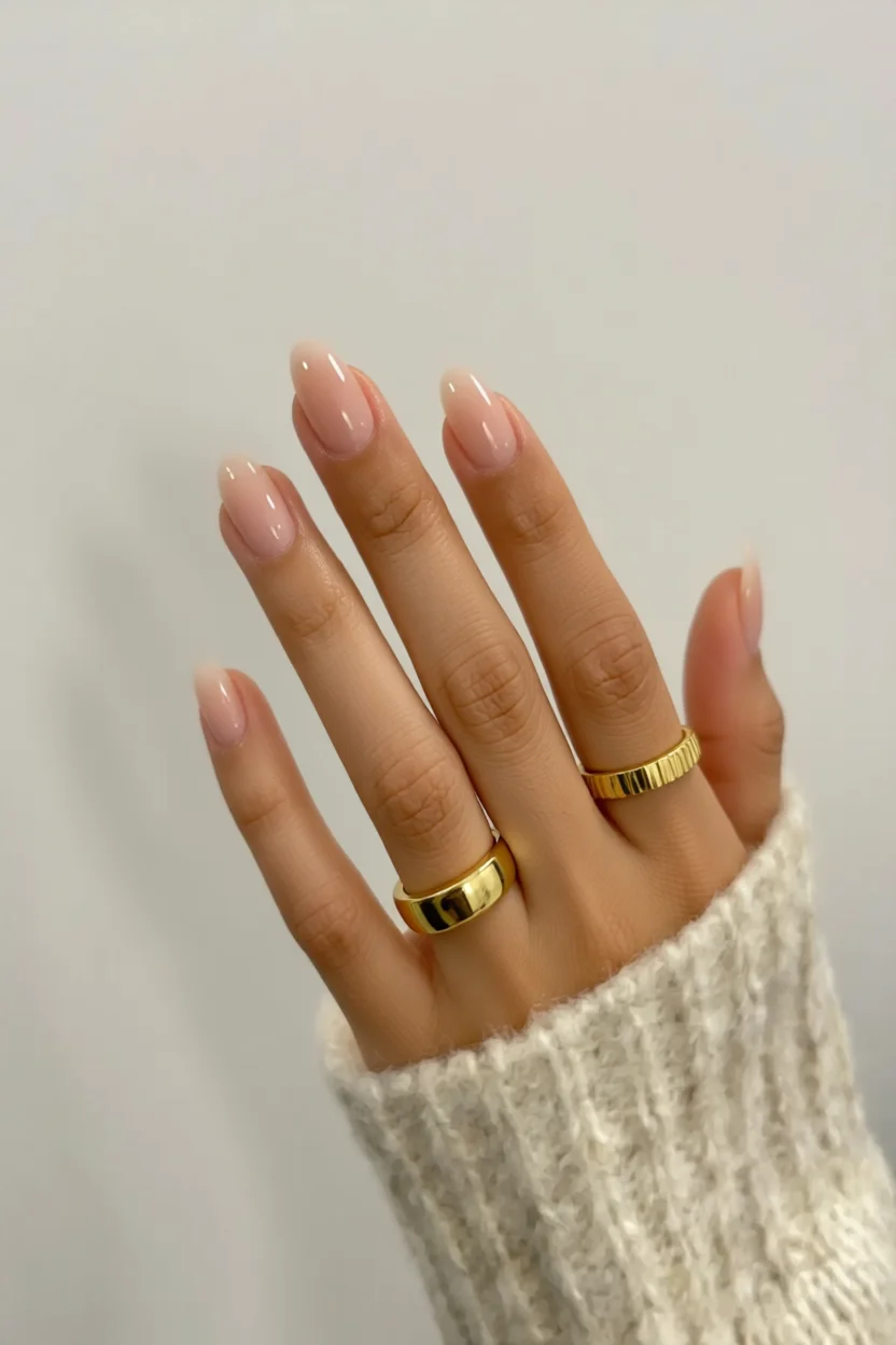 Uu00f1as nude ovaladas con brillo natural y anillos dorados