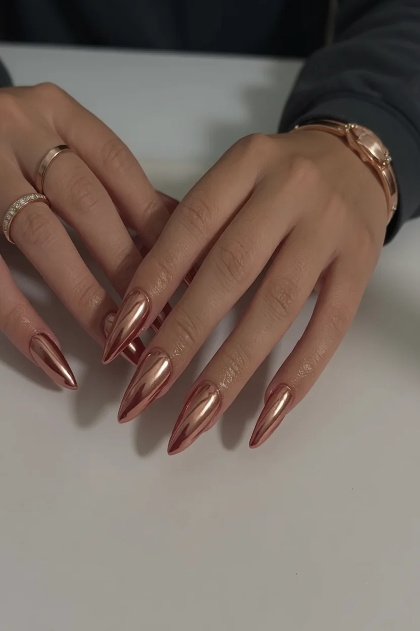 Uu00f1as nude metu00e1licas en rosa oro: tendencia glam de la temporada