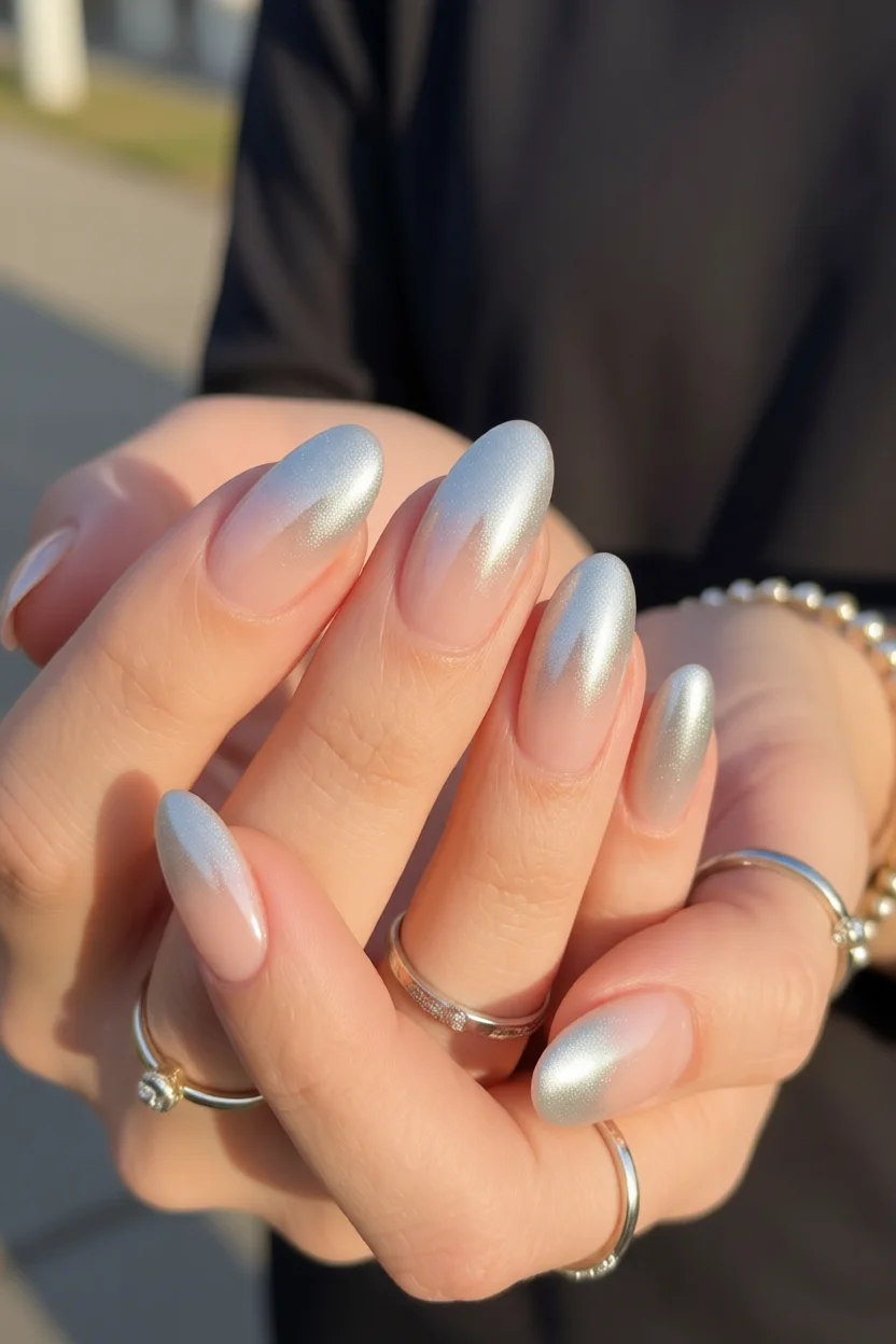 Uñas ovaladas con efecto degradado plateado perlado