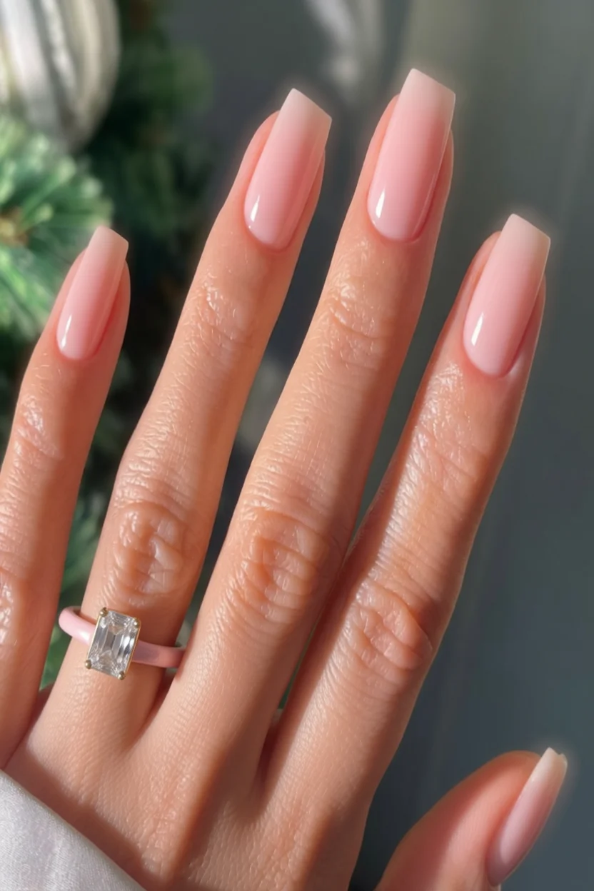 Uñas largas almendradas con degradado rosa y acabado brillante