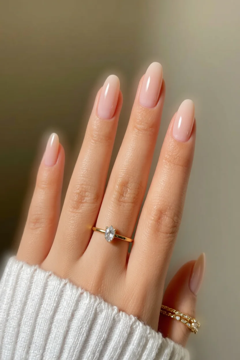 Mano con uñas largas forma almendra con degradado ombré nude a blanco