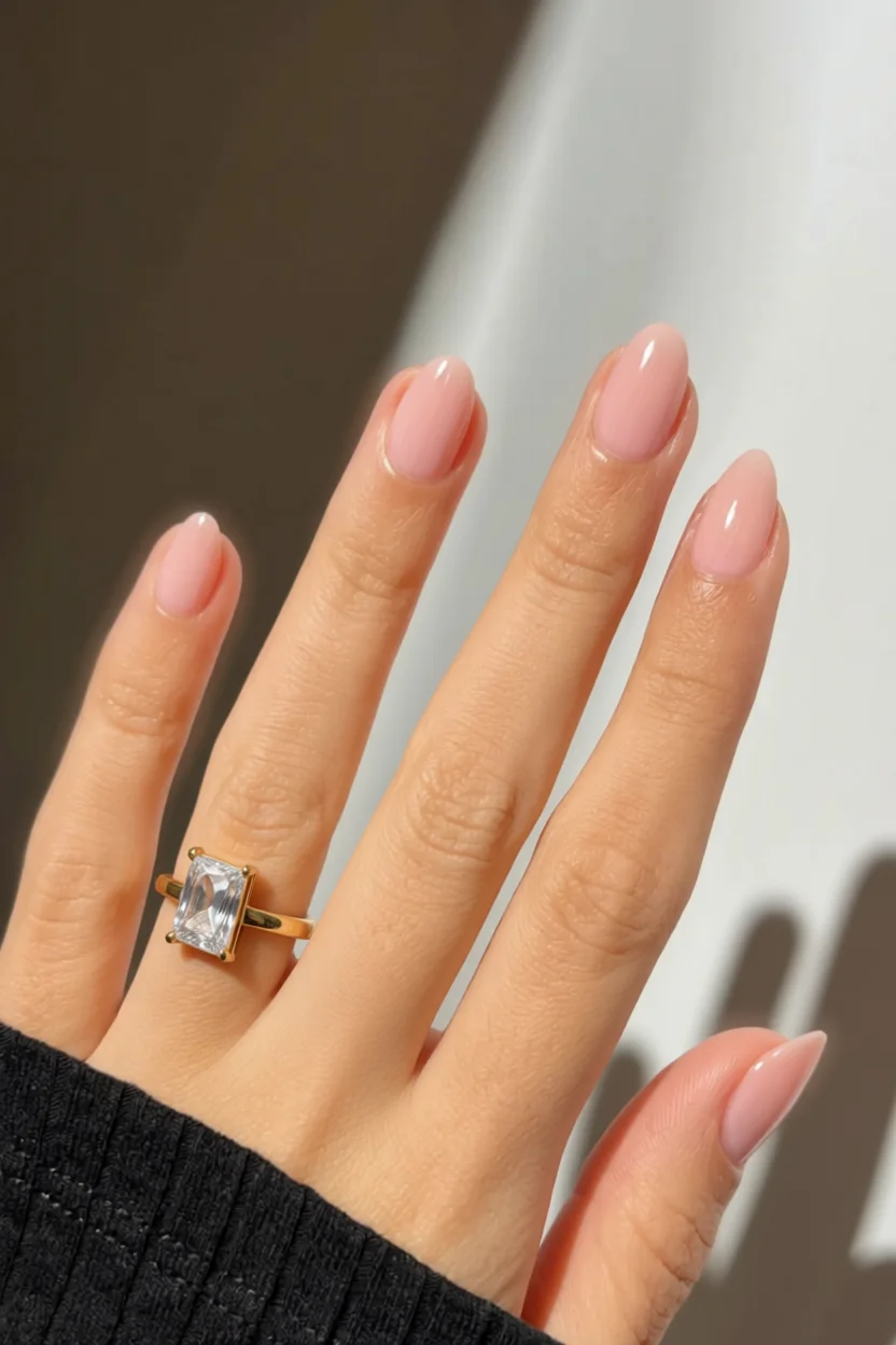 Mano con uñas largas ovaladas en tono rosa suave degradado con brillo glossy