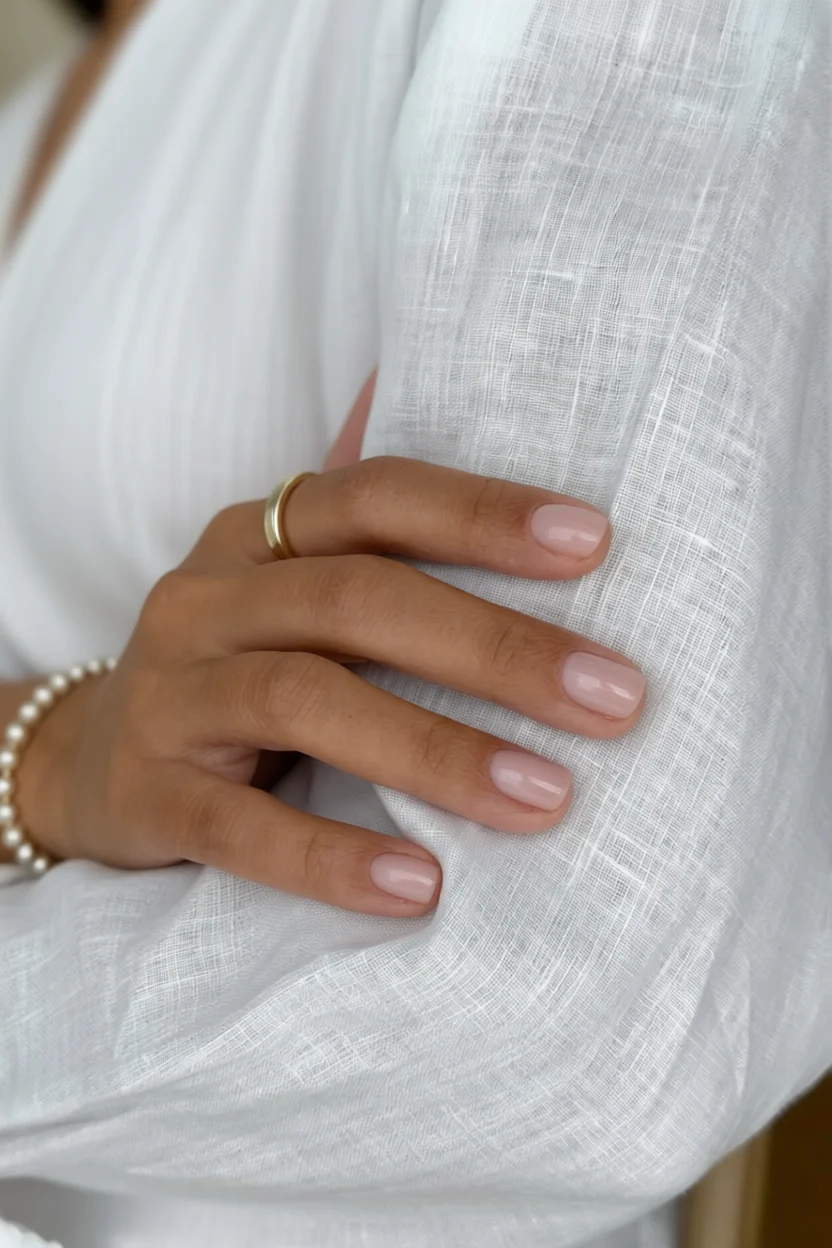 Uñas cortas con efecto ombré en tonos nude rosados