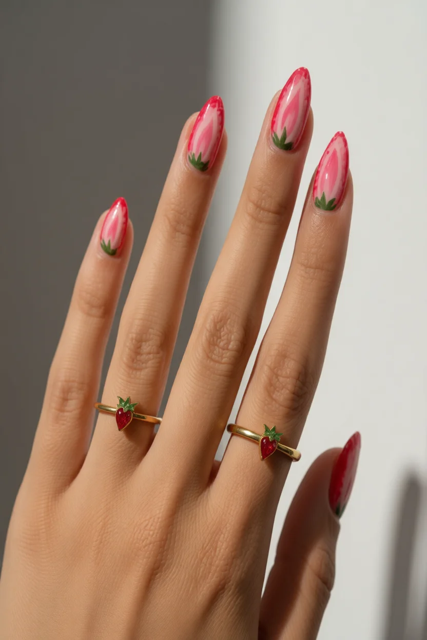 Mano con uñas en forma de almendra degradado rosa y blanco con dibujos de fresas en la base y anillos de fresa