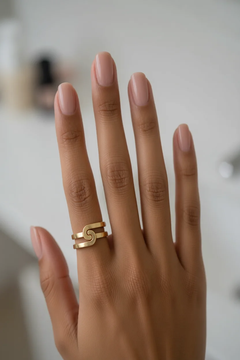 Mano con uñas ombré nude en forma de almendra y acabado brillante