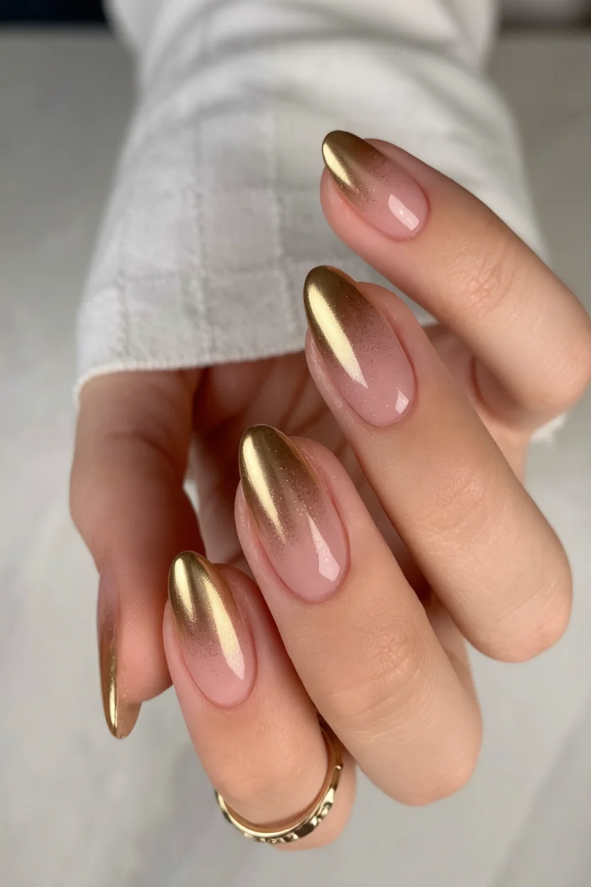 Uñas almendradas con degradado nude a dorado metálico