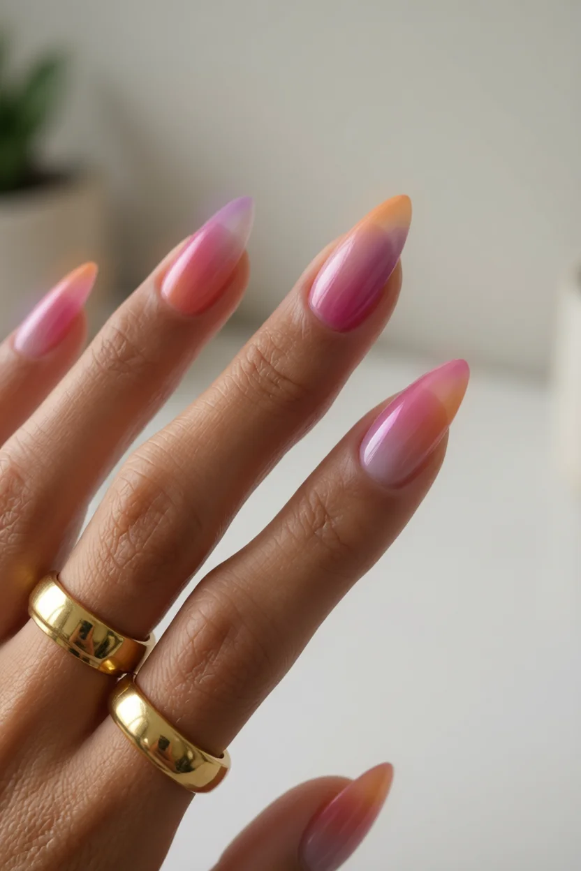 Uñas largas en forma de almendra con degradado rosa lavanda a melocotón