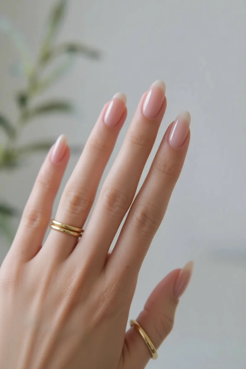 Mano con uñas largas en forma almendra y efecto ombré en tonos rosa nude que se desvanecen hacia blanco en las puntas, con anillos dorados en los dedos