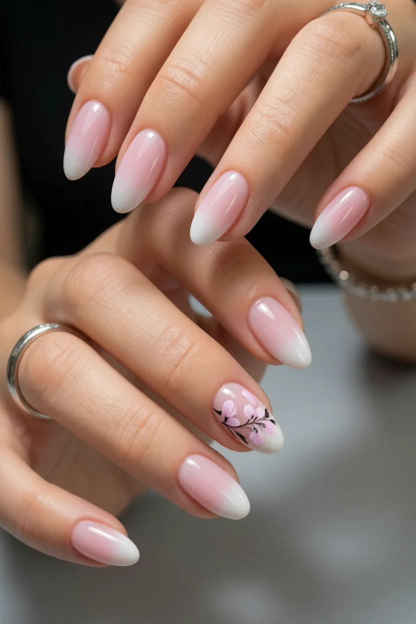 Uñas largas almendradas con degradado rosa a blanco y diseño floral