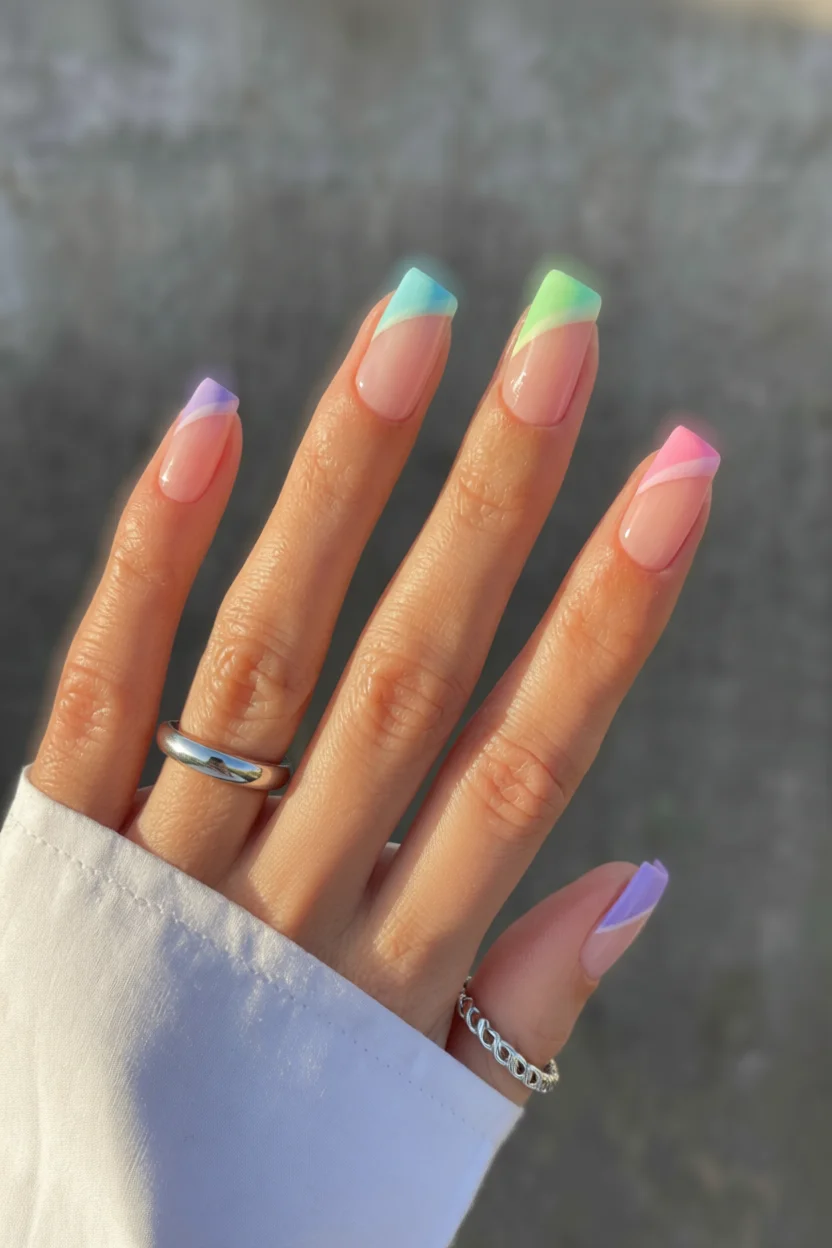Mano con uñas largas en forma de almendra, base nude natural y puntas francesas en colores pastel arcoíris (azul, verde, rosa, lila) con efecto glow