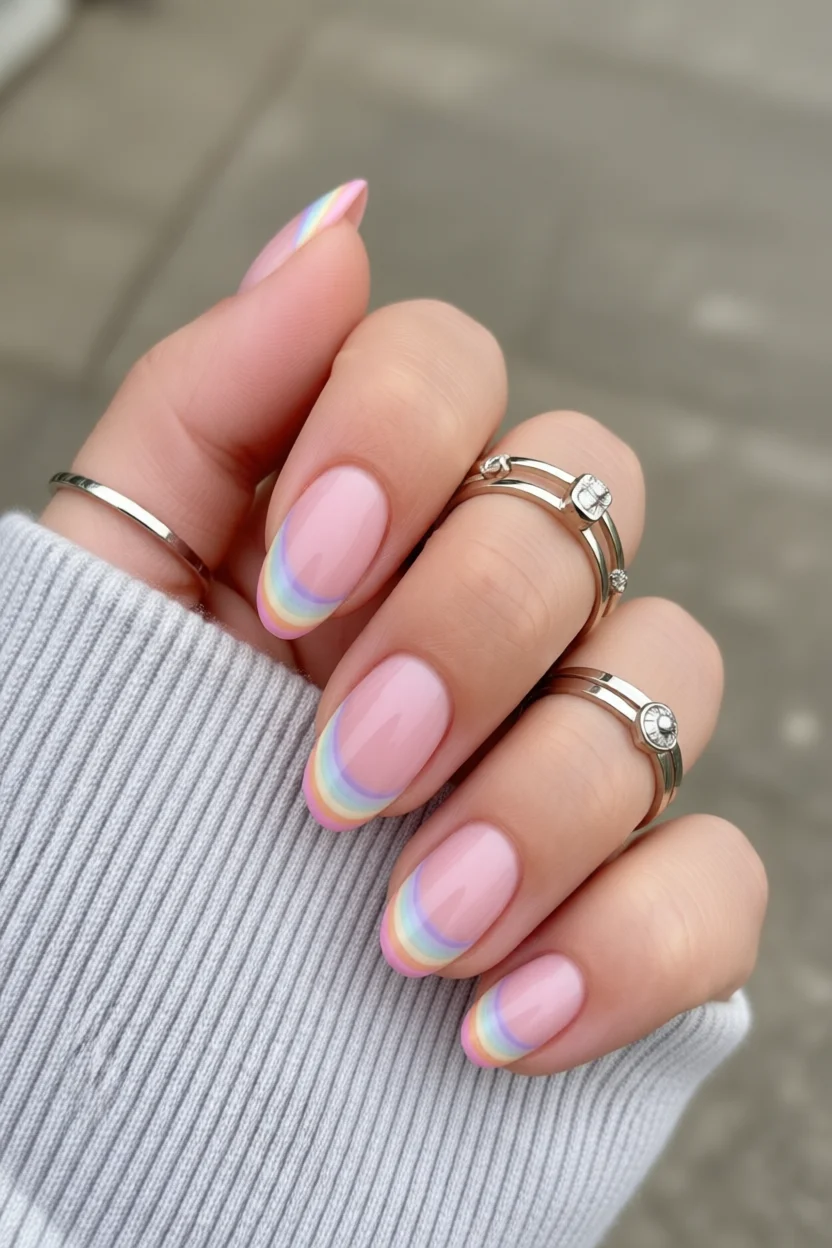 Uñas ovaladas con base rosa pastel y borde multicolor tipo francés arcoíris