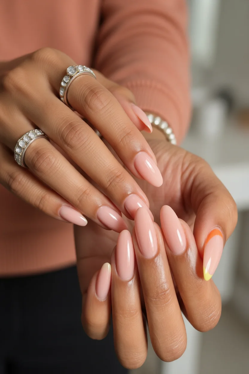 Mano con uñas almendradas nude y detalles arcoíris en las puntas