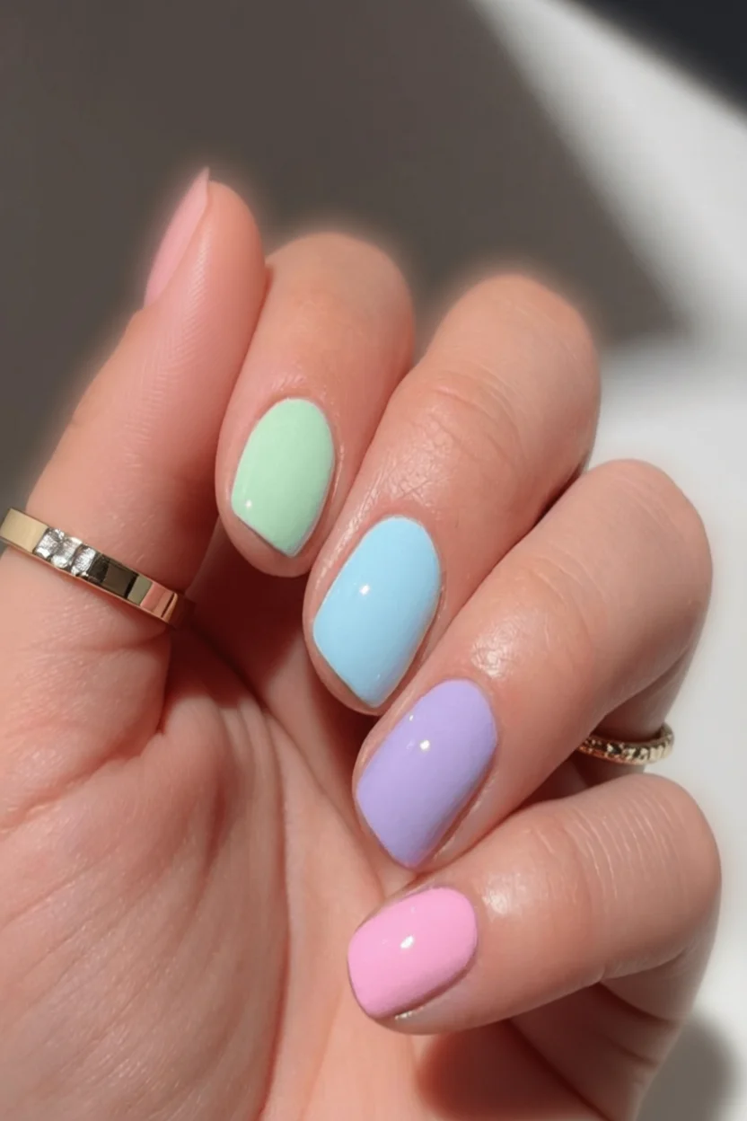 Mano con uñas ovaladas pintadas en degradado de colores pastel verde menta, azul, lila y rosa