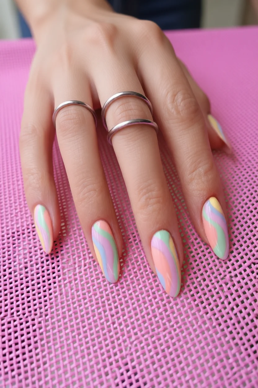 Uñas almendradas con diseño arcoíris pastel en ondas sobre fondo rosa