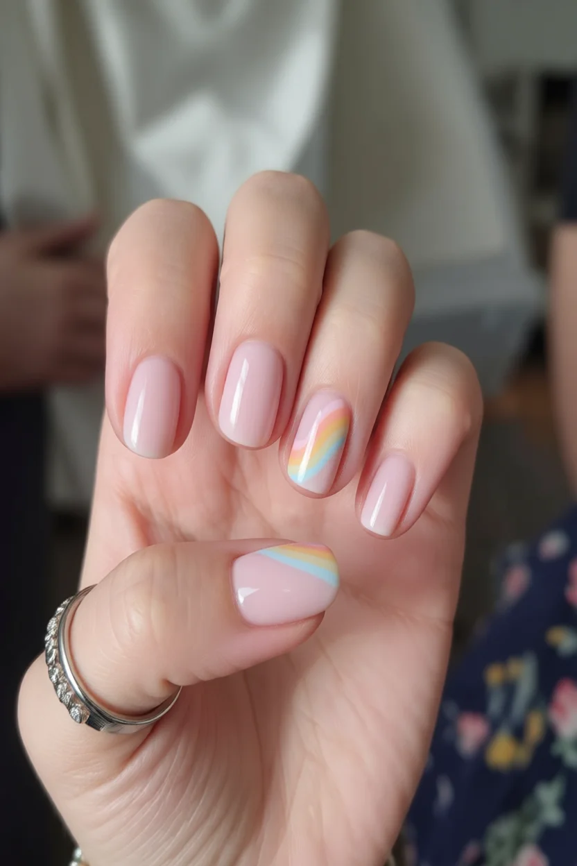 Uñas ovaladas con base rosa pastel y franjas arcoíris suaves en los dedos anular y pulgar