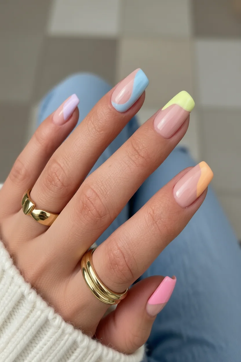 Uñas con diseño geométrico arcoíris en colores pastel