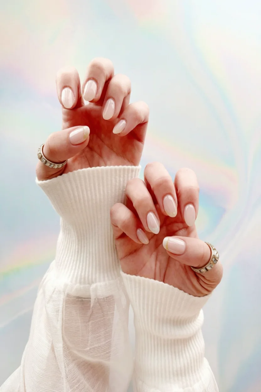 Manos con uñas nude ovaladas y delicada línea iridiscente cerca de la cutícula, fondo arcoíris difuminado