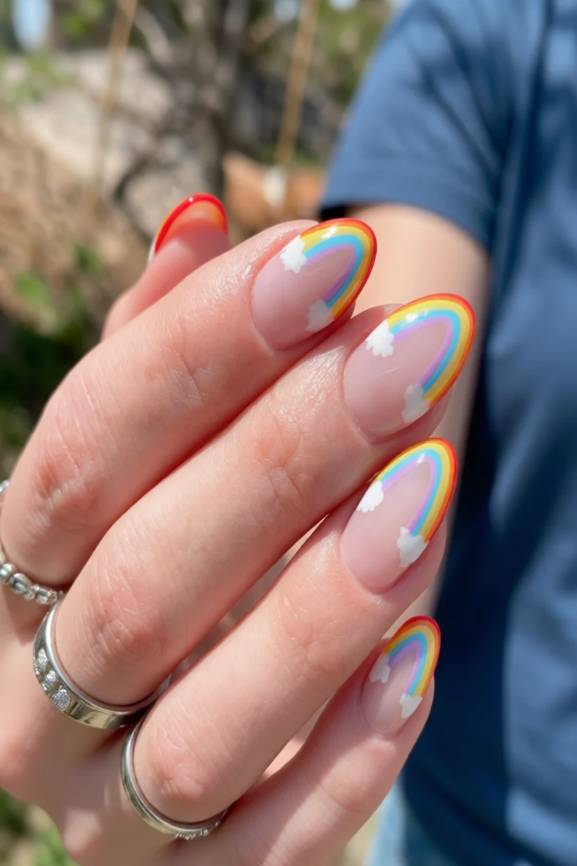 Mano con uñas largas en forma de almendra y diseño de arcoíris con nubes blancas sobre base nude