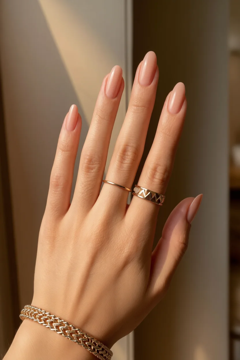 Mano con uñas almendradas en tono nude y anillos dorados