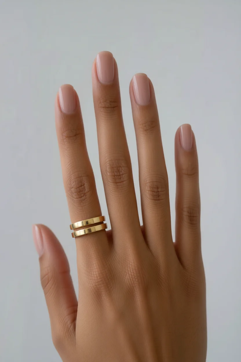 Mano con uñas cortas en forma almendrada esmaltadas en tono nude rosado