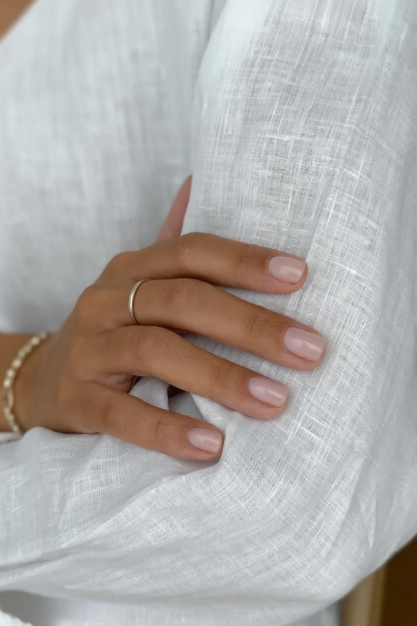 Mano con uñas cortas en nude rosado brillante y anillo dorado