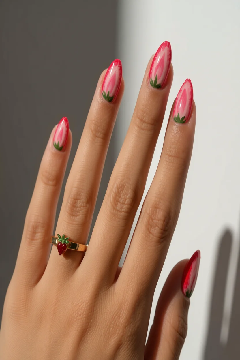 Uñas largas almendradas con degradado rosa y blanco estilo fresa