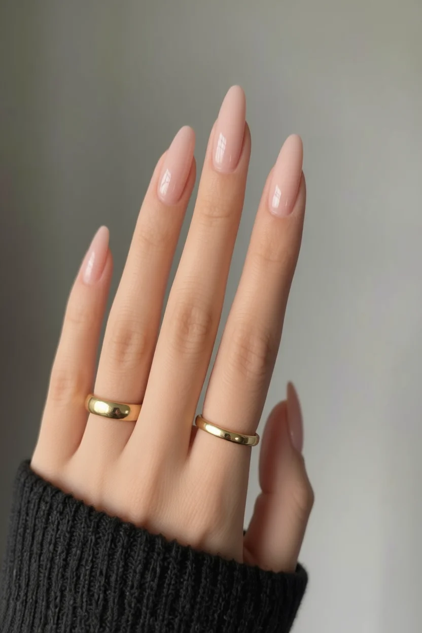 Mano con uñas largas en forma de almendra color nude rosado con acabado brillante