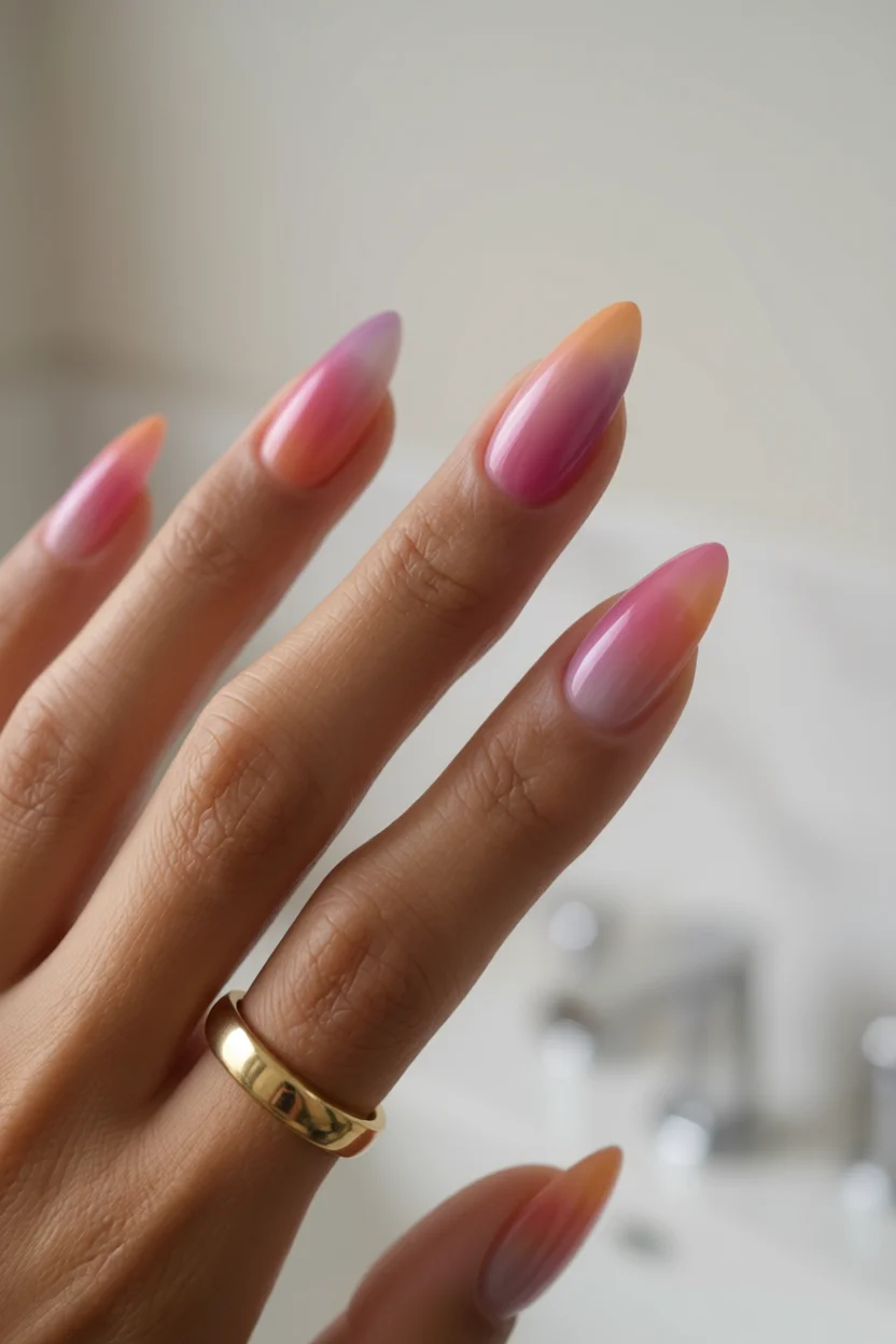 Uñas almendradas con degradado rosa a naranja