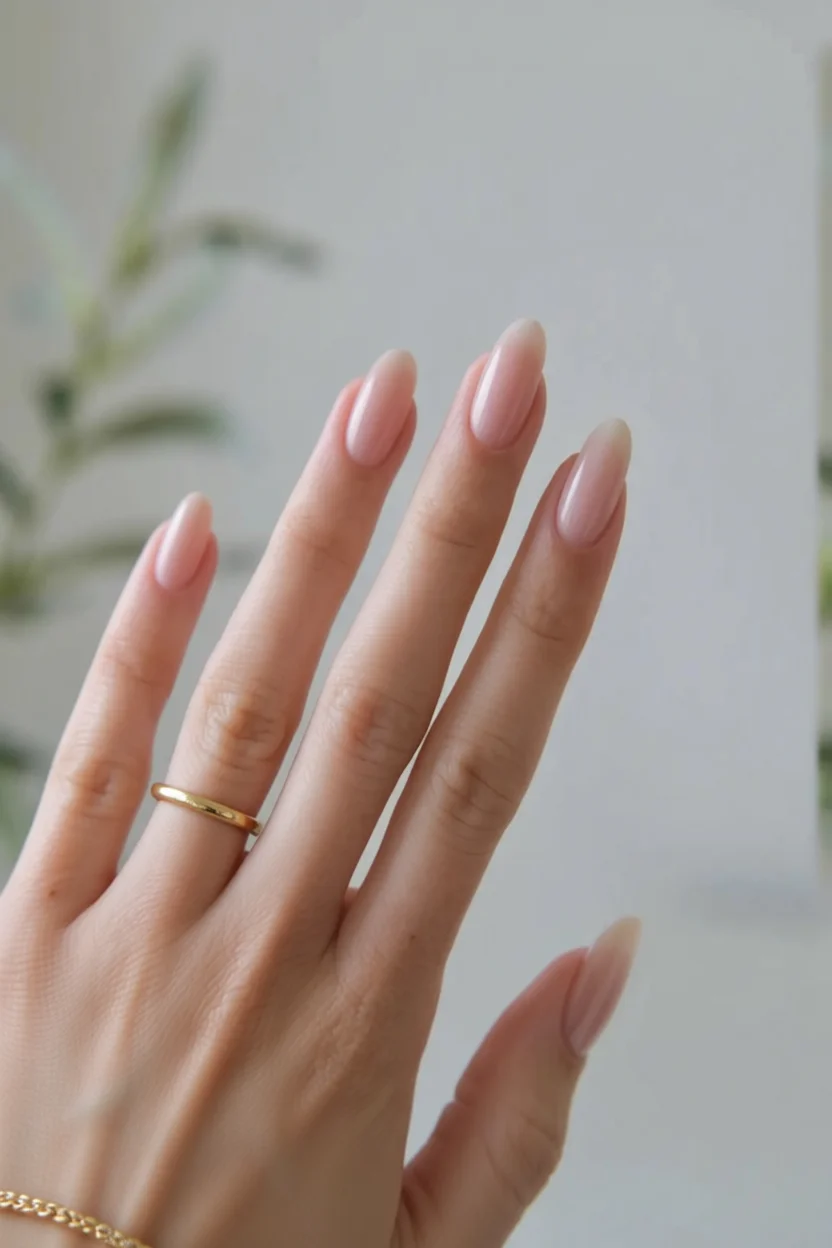 Mano con uñas largas almendradas pintadas en color rosa nude brillante