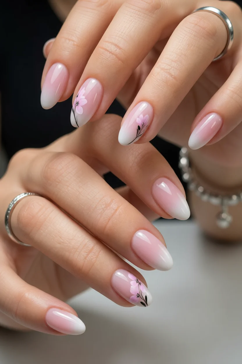 Uñas ovaladas con degradado rosa a blanco y flores flor de cerezo pintadas a mano