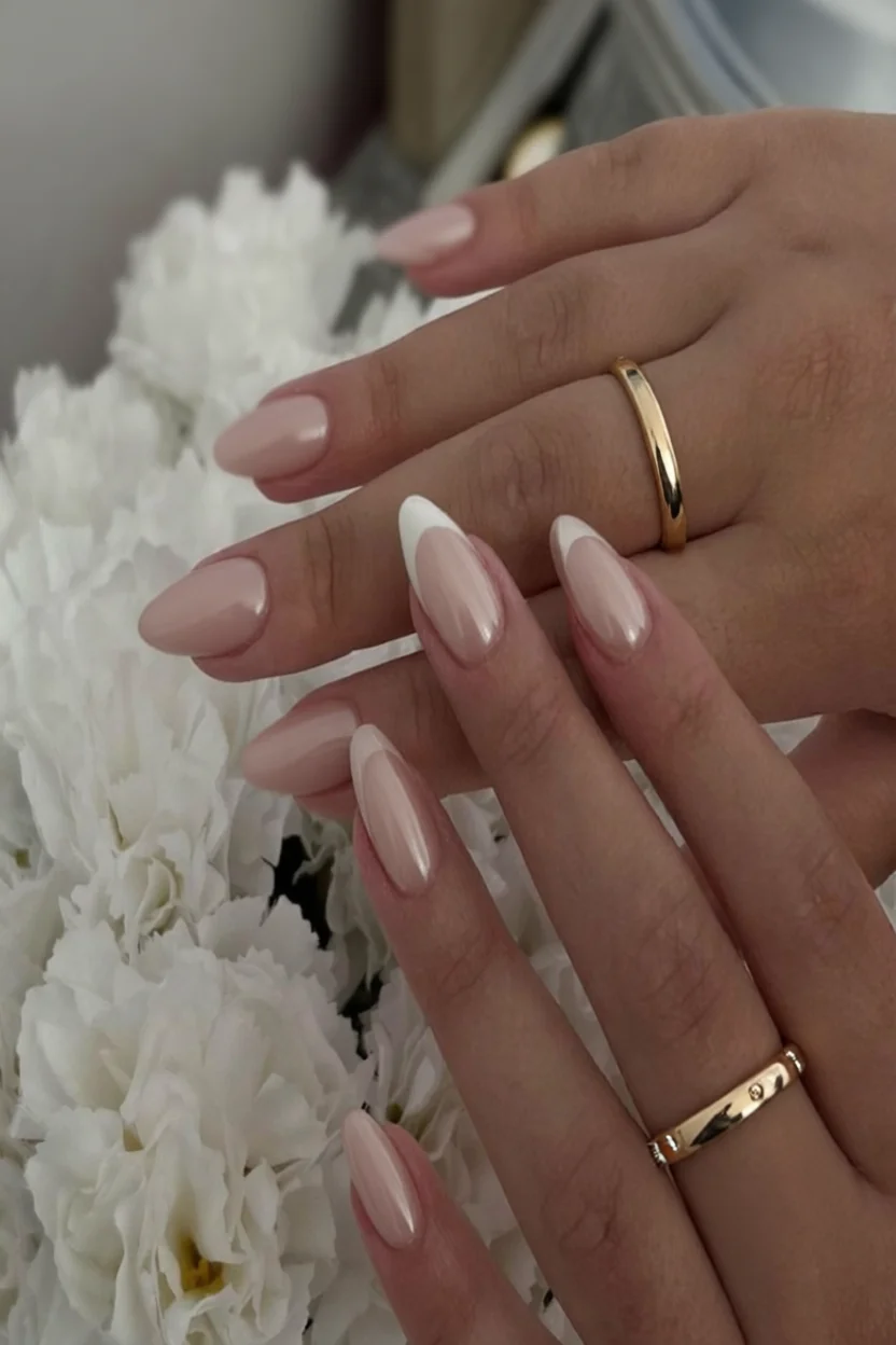 Mano con uñas almendradas nude con dos dedos de punta francesa blanca