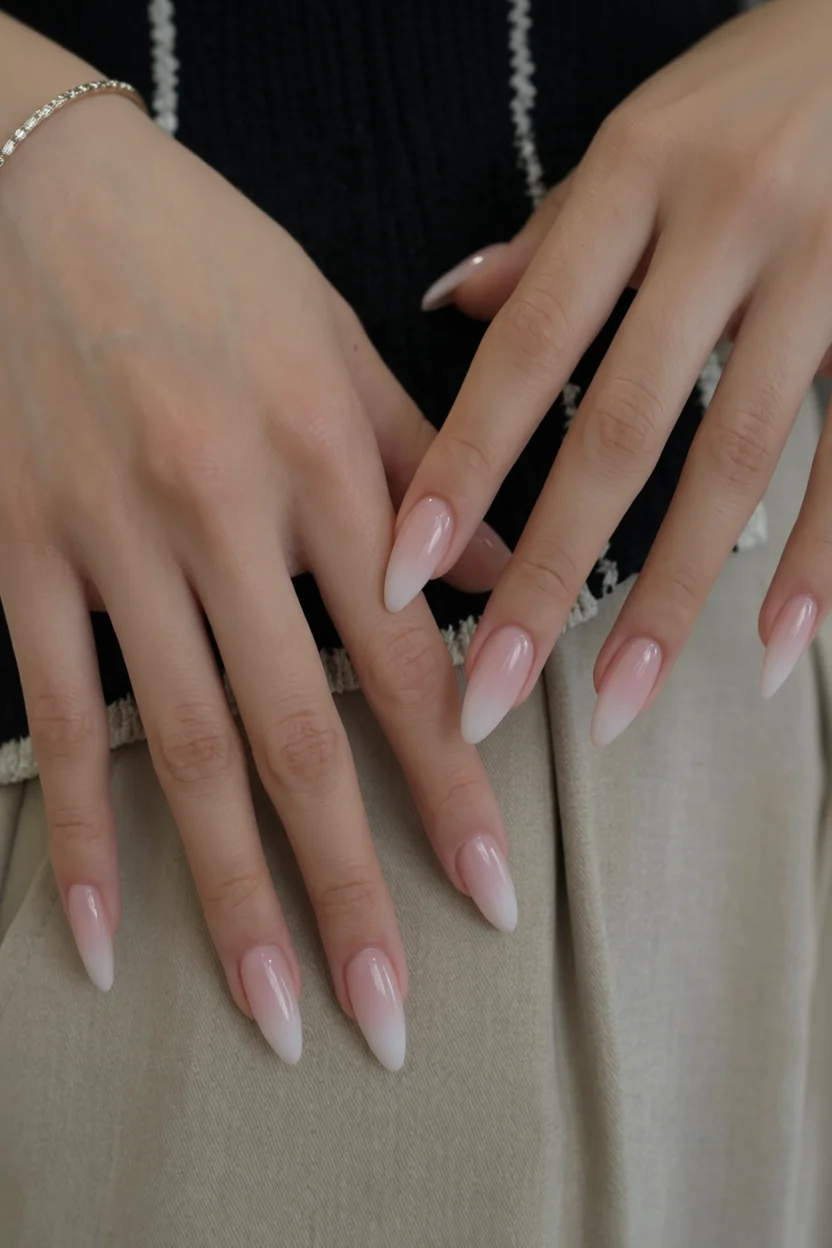 Uñas overs en forma ovalada con efecto degradado de rosa pálido a blanco
