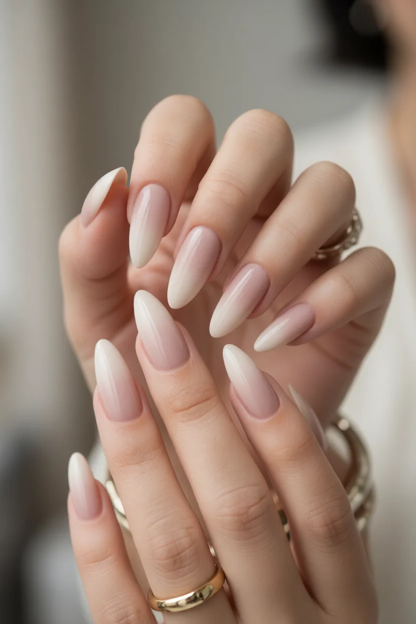 Uñas largas en forma de almendra con degradado rosa nude a blanco