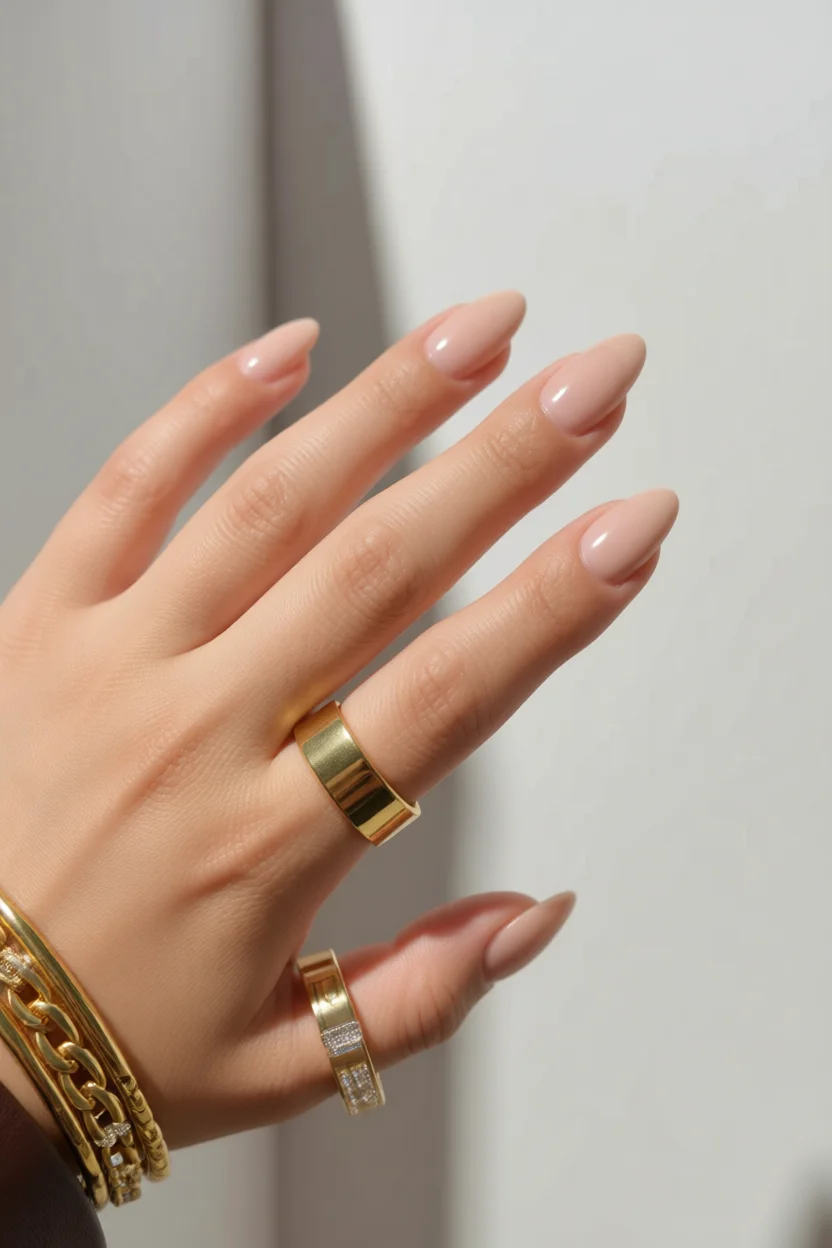 Mano con uñas desnudas forma almendrada y acabado brillante acompañadas de anillos dorados