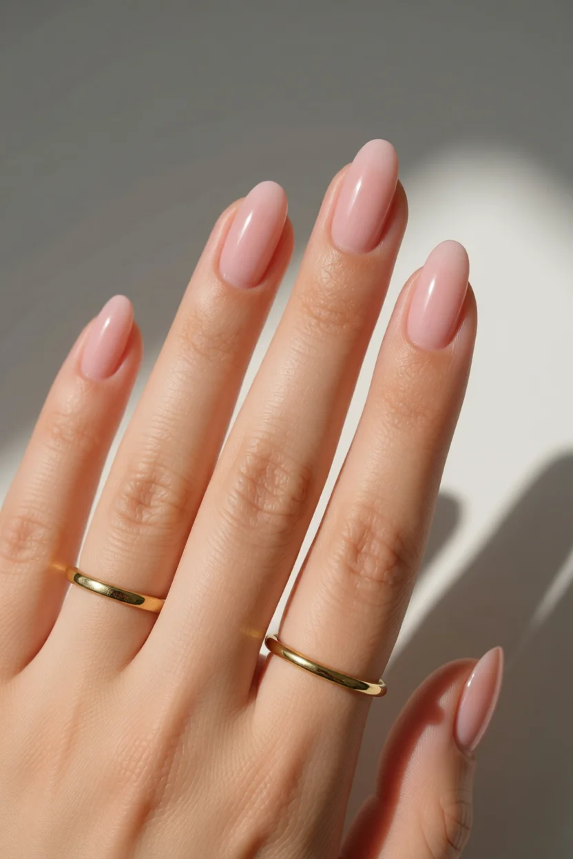 Mano con uñas ovaladas esmaltadas en rosa nude brillante y anillos dorados