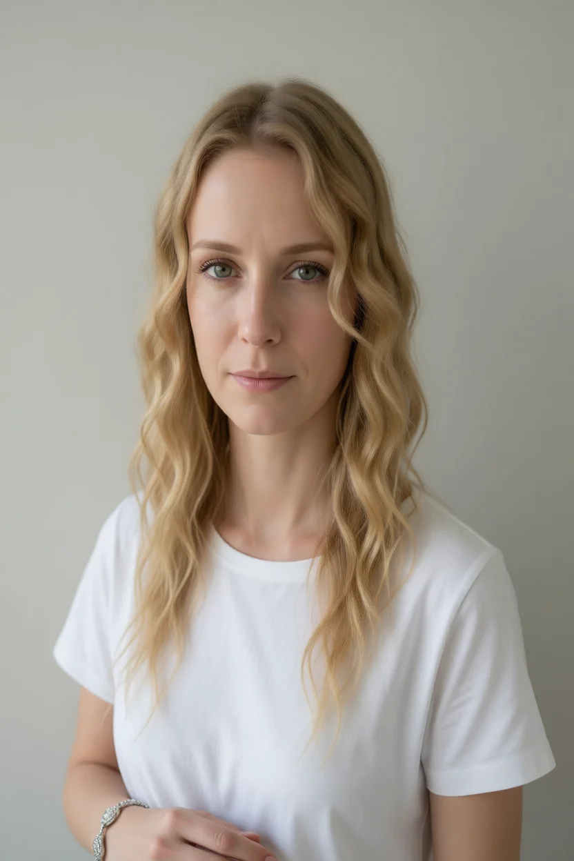 Retrato de mujer rubia con cabello ondulado largo y camiseta blanca