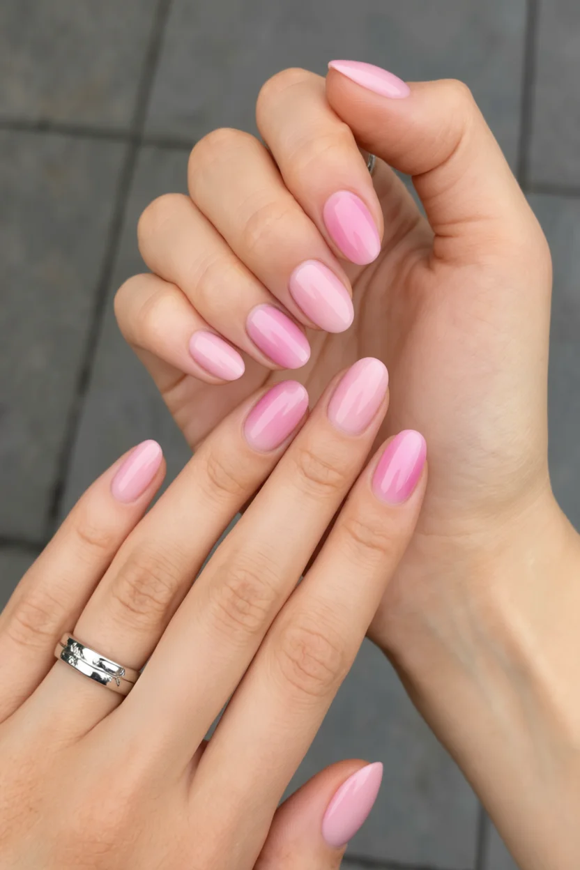 Uñas forma almendra con efecto degradado rosa brillante