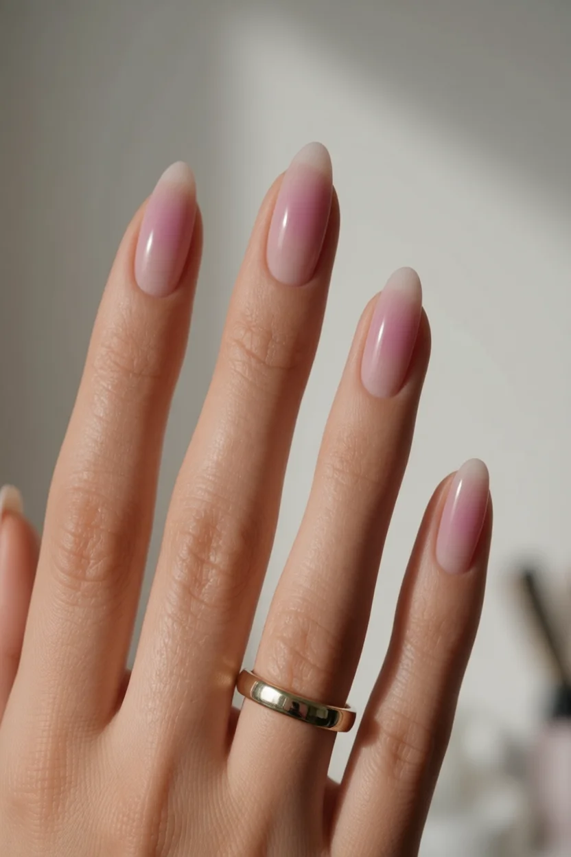 Uñas largas ovaladas con efecto degradado rosa y puntas blancas