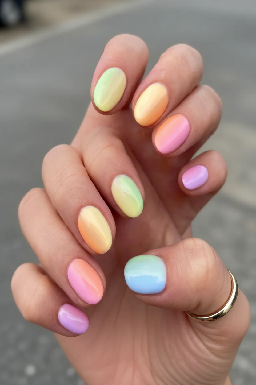 Uñas ovaladas con degradado en colores pastel amarillo, durazno, rosa y lila